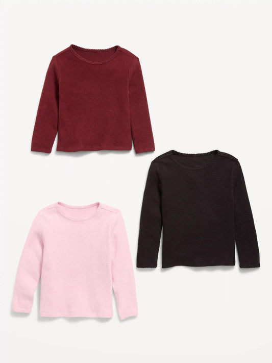 Long-Sleeve Waffle Knit T-Shirt 3-Pack for Toddler Girls