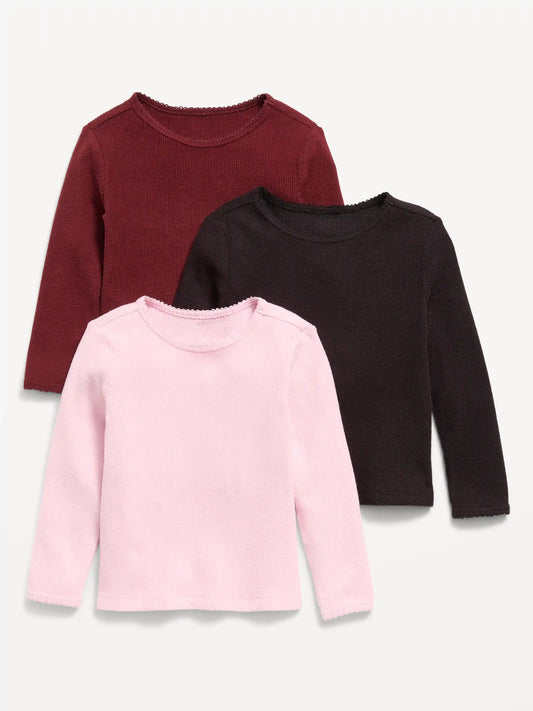 Long-Sleeve Waffle Knit T-Shirt 3-Pack for Toddler Girls