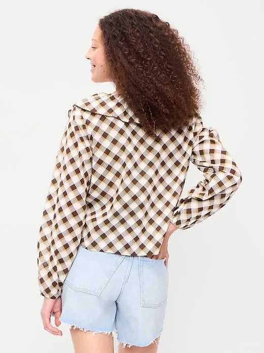 Long-Sleeve Ruffle Tie-Neck Top