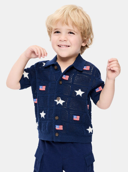 Oversized Short-Sleeve Crochet-Knit Shirt for Toddler Boys