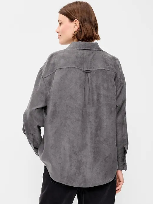 Oversized Faux-Suede Button-Down Boyfriend Shirt