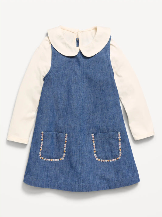 Long-Sleeve Collared Top and Dress Set for Toddler Girls