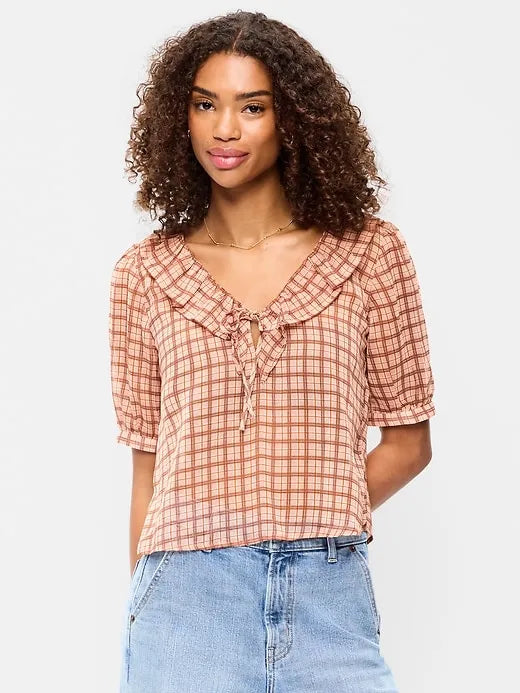 Ruffle Collar Tie-Front Top