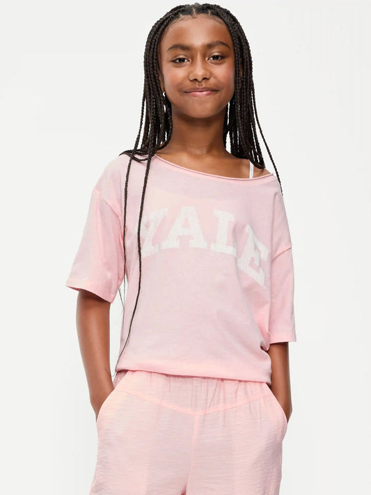College Off-Shoulder Graphic T-Shirt for Girls