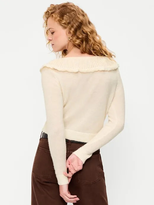 Ruffle-Collar Wool-Blend Pointelle Cardigan