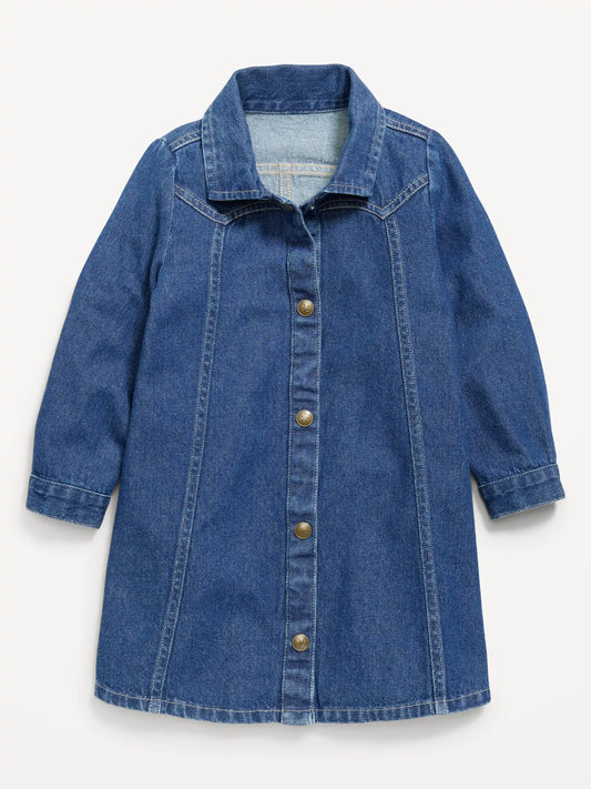 Long-Sleeve Western Denim Shirt Dress for Toddler Girls