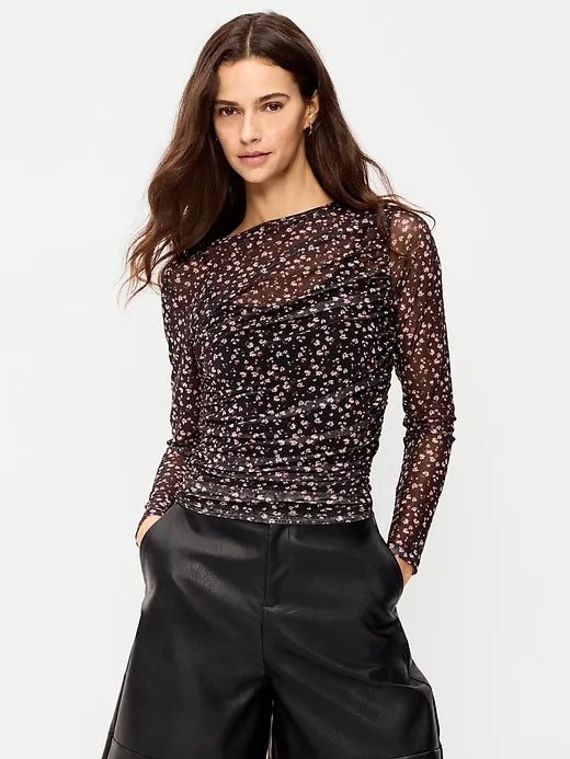 Long-Sleeve Asymmetrical Unlined Mesh Top