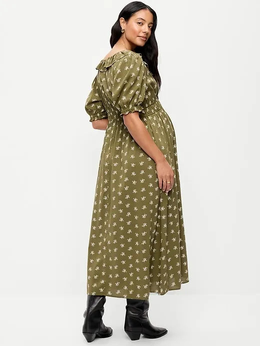 Maternity Puff-Sleeve Maxi Dress