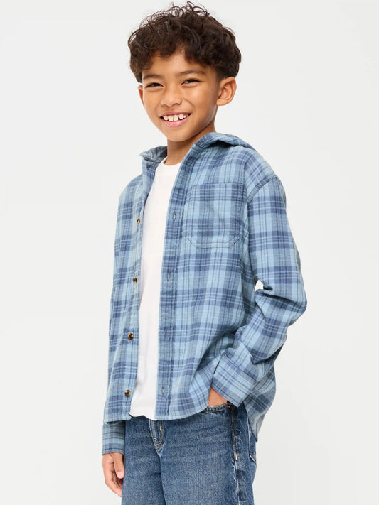 Long-Sleeve Plaid Flannel Hooded Shirt for Boys